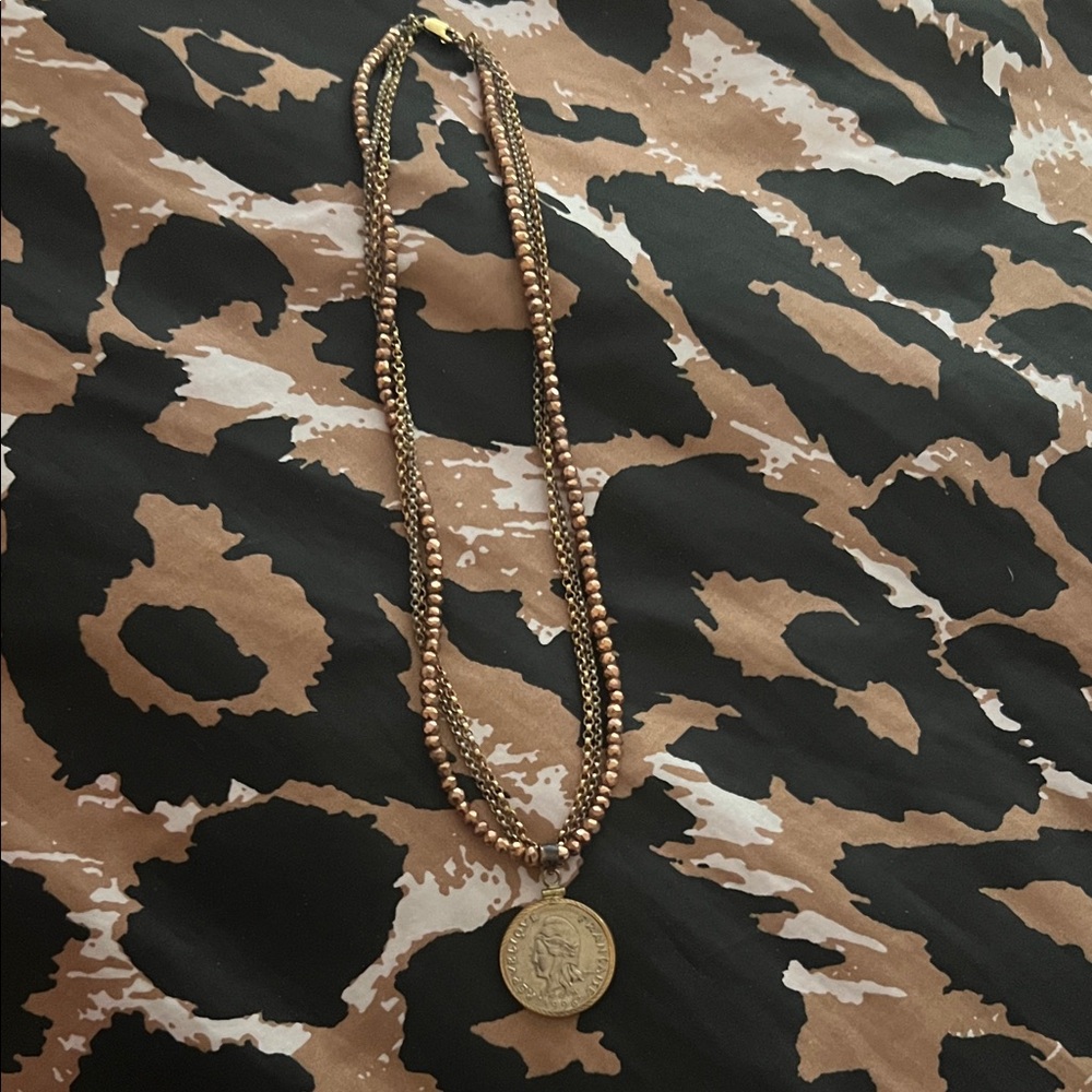 Chic Rose Gold and Brown Beaded Necklace with rose gold/ silver coin